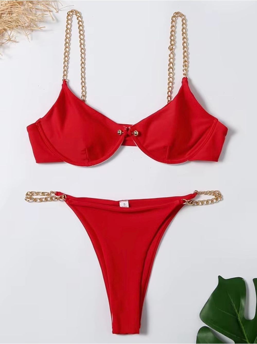 NEW Red Gold Chain Underwire Bikini Set